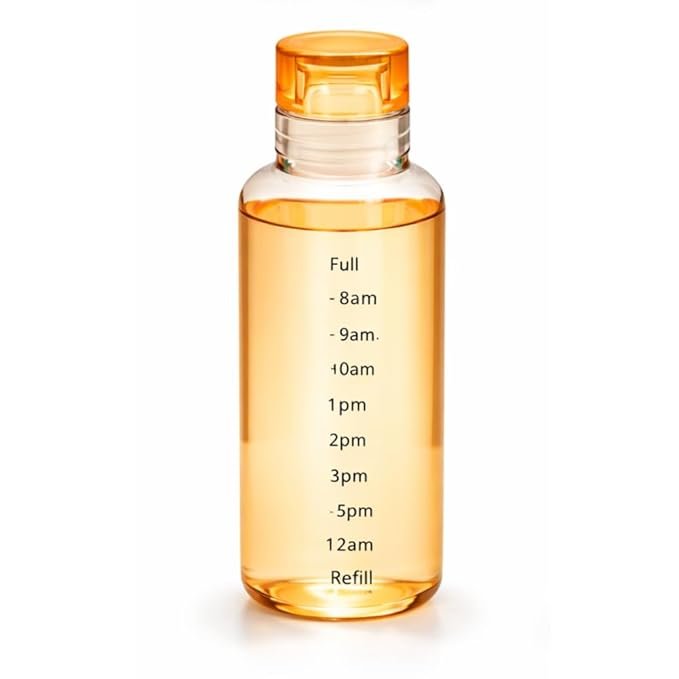 Glass Water Bottle with Hourly Time Marker, 340ml Capacity, Leak-Tight Cover with Silicone Ring, Quality Glass (Multi-Color Options)