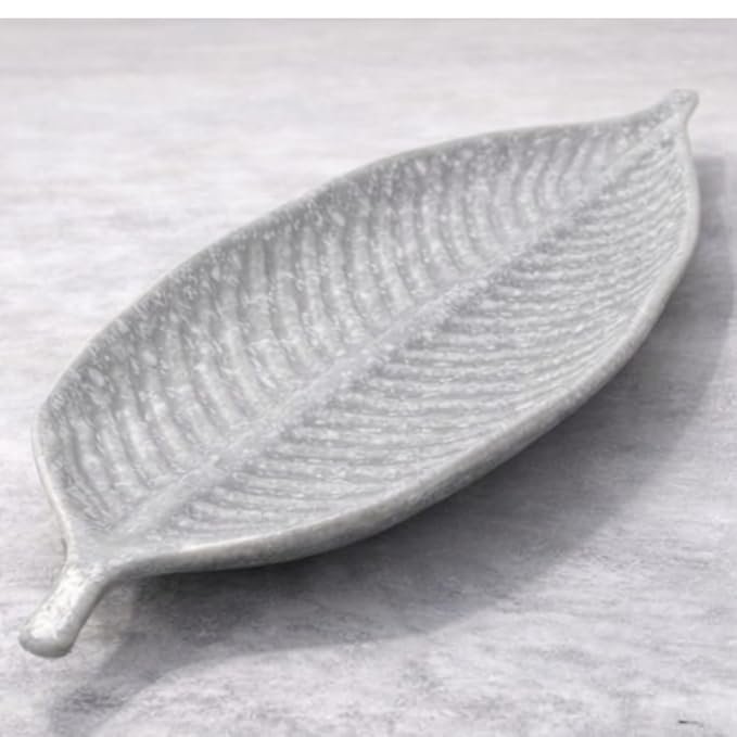 Leaf Shaped Stoneware Serving Platter, Decorative Ceramic Tray in Green and Grey