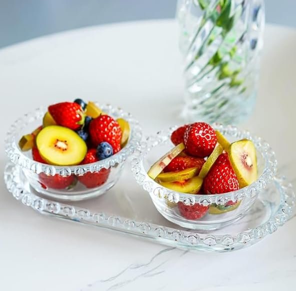 Clear Glass Dessert Plate Set with Beaded Edge, 2 Bowls and 1 Serving Tray, Multipurpose for Snacks, Sweets, Fruits, Salad