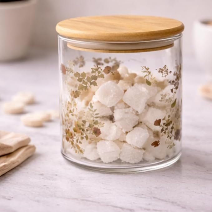 Airtight Glass Storage Jar with Wooden Lid, Floral Design, 685ml