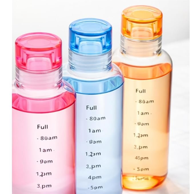 Glass Water Bottle with Hourly Time Marker, 340ml Capacity, Leak-Tight Cover with Silicone Ring, Quality Glass (Multi-Color Options)