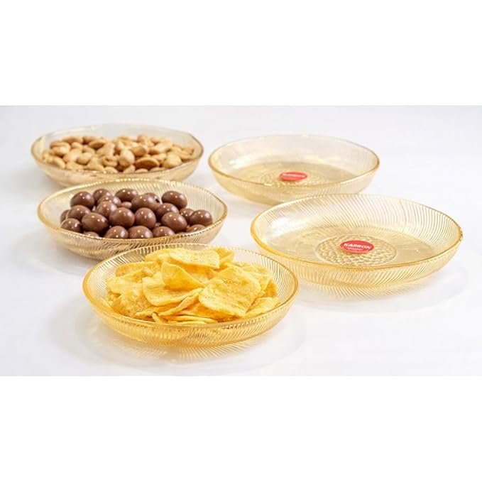 Snack Glass Plate Set, Amber, Round, Textured Design, Set of 6
