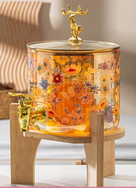 Glass Beverage Dispenser with Wooden Stand, 2.6 Litre, Amber Floral Print, Gold Deer Lid, Tap Spigot, Water Juice Cold Drink Dispenser