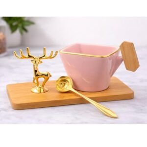 Ceramic Square Tea Cup Set with Tray, Gold Rose Spoon and Deer Figurine