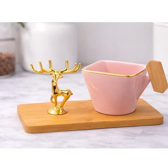 Ceramic Square Tea Cup Set with Tray, Gold Rose Spoon and Deer Figurine