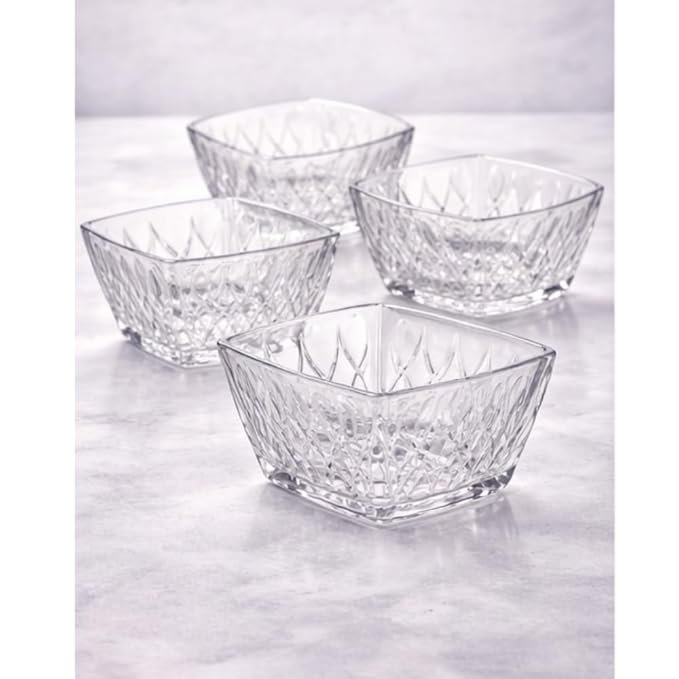 Clear Glass Bowl with Crystal Cut Design, Square Shape, 150 ml, Set of 6