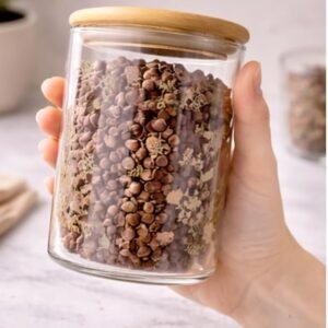 Airtight Glass Storage Jar with Wooden Lid, Floral Design, 685ml