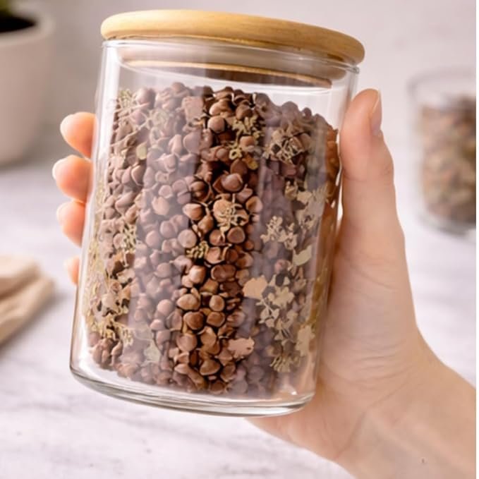 Airtight Glass Storage Jar with Wooden Lid, Floral Design, 685ml