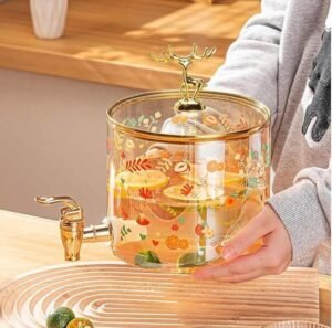 Glass Beverage Dispenser with Wooden Stand, 2.6 Litre, Amber Floral Print, Gold Deer Lid, Tap Spigot, Water Juice Cold Drink Dispenser