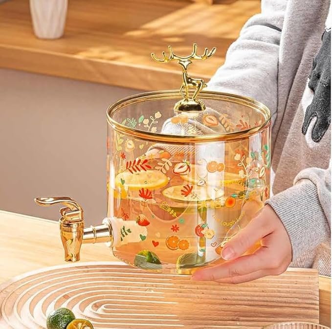 Glass Beverage Dispenser with Wooden Stand, 2.6 Litre, Amber Floral Print, Gold Deer Lid, Tap Spigot, Water Juice Cold Drink Dispenser