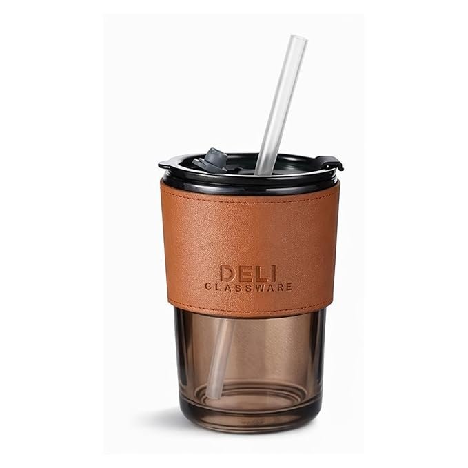 Deli Glassware Glass Tumbler Mug with Lid, Straw and Leather Sleeve for Hot and Cold Beverages, 435 ML, Set of 1