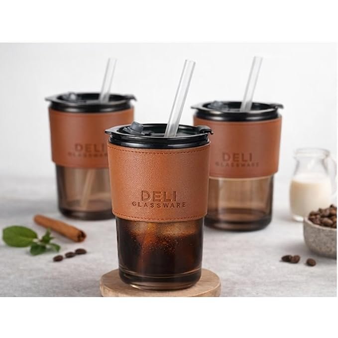 Deli Glassware Glass Tumbler Mug with Lid, Straw and Leather Sleeve for Hot and Cold Beverages, 435 ML, Set of 1