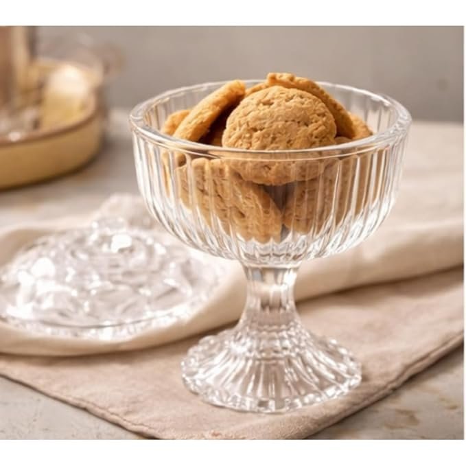 Clear Glass Pedestal Bowl with Lid, Sunflower Design, 285ml, for Fruit, Candy, and Desserts