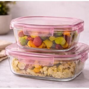 Glass Food Storage Container Set of 2 with Pink Lid, 450ml and 1000ml