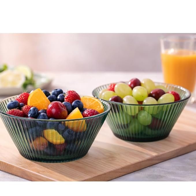 Green Glass Serving Bowl Set, Ribbed Design, 260ml Capacity, Set of 2