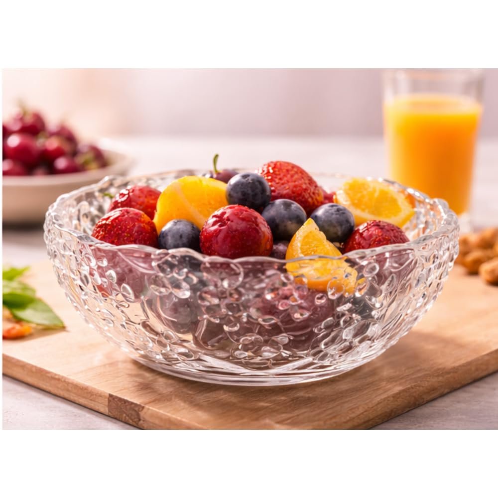 Decorative Glass Serving Bowl with Flower Pattern, Clear Crystal Fruit Bowl, Elegant Textured Design for Salads and Snacks