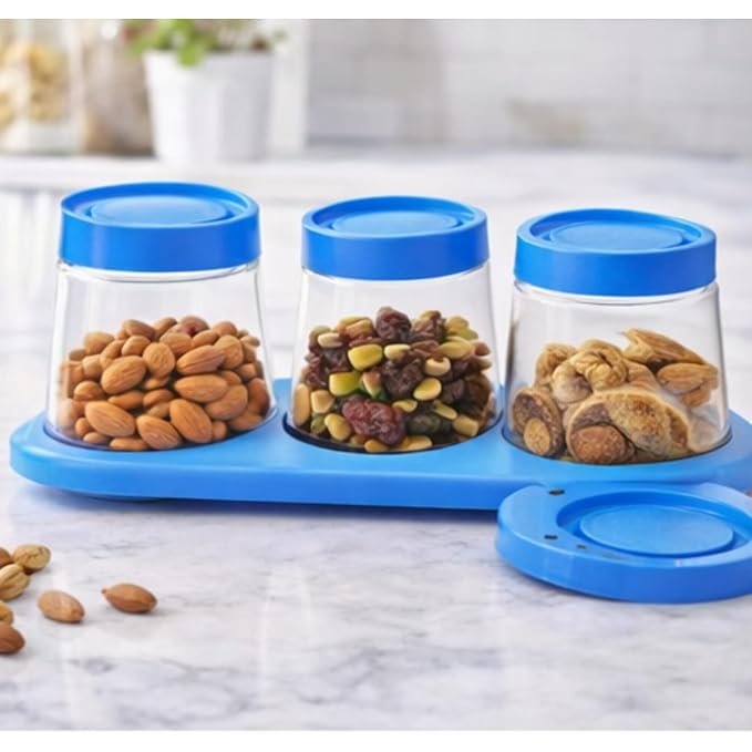 Clear Glass Jar Set with Tray, Blue Lid, 400ml, 3 Piece, for Nuts and Dry Fruits Storage