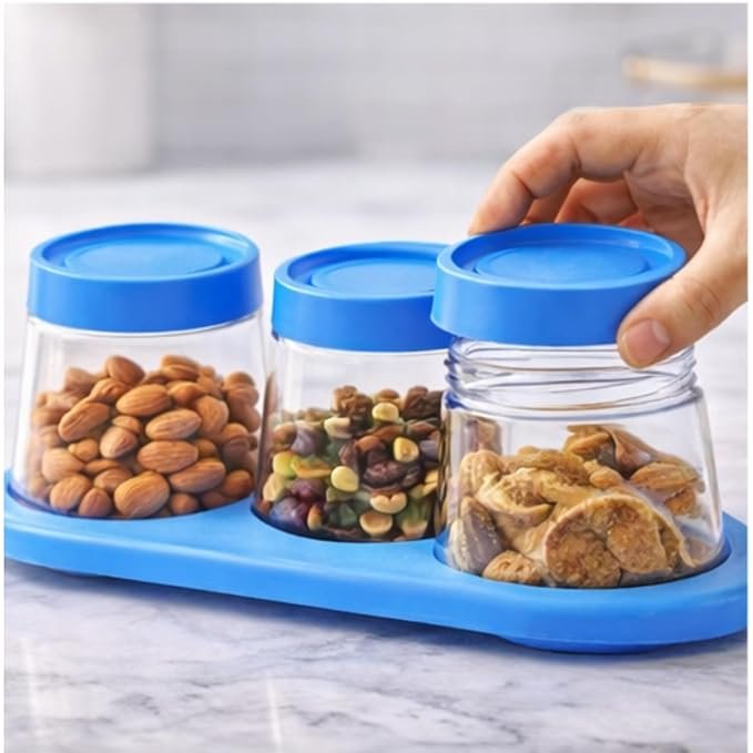 Clear Glass Jar Set with Tray, Blue Lid, 400ml, 3 Piece, for Nuts and Dry Fruits Storage