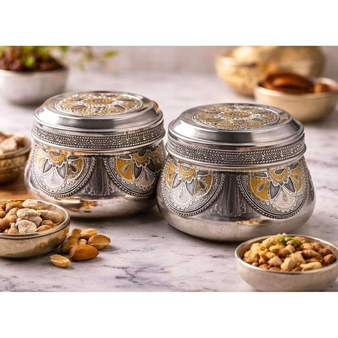 Stainless Steel Meenakari Katordan, Traditional Dabba with Floral Artwork, Food Grade Snack Container for Dry Fruits, Sweets & Prasad