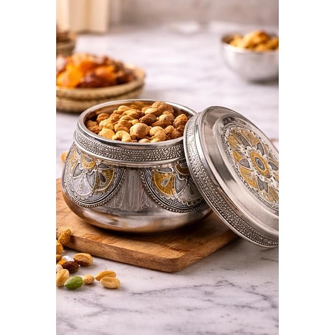 Stainless Steel Meenakari Katordan, Traditional Dabba with Floral Artwork, Food Grade Snack Container for Dry Fruits, Sweets & Prasad