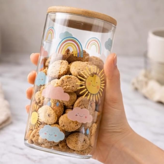 Airtight Glass Storage Jar with Bamboo Wooden Lid, Rainbow Sun and Cloud Design, 1050ml