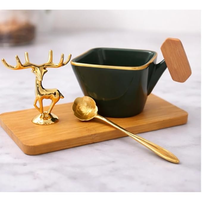 Ceramic Square Tea Cup Set with Tray, Gold Rose Spoon and Deer Figurine  (Green)