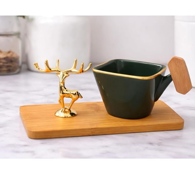 Ceramic Square Tea Cup Set with Tray, Gold Rose Spoon and Deer Figurine  (Green)