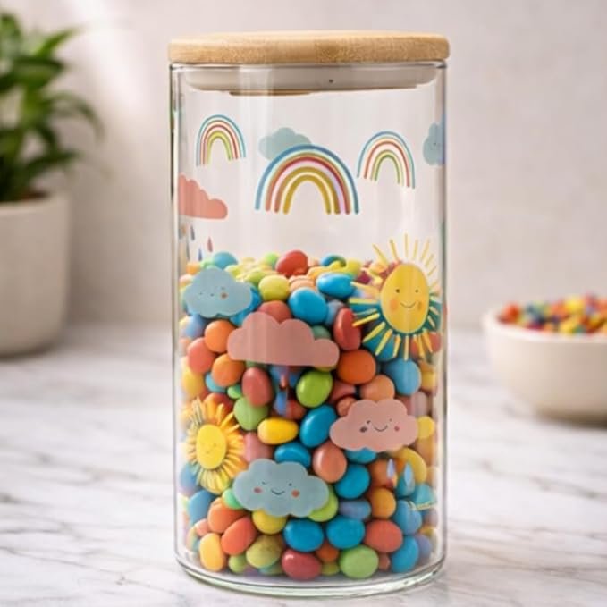 Airtight Glass Storage Jar with Bamboo Wooden Lid, Rainbow Sun and Cloud Design, 1050ml